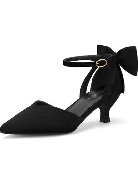 Women's Black Leather Kitten Heels with Bow Closed Toe Ankle Strap Wedding Pump